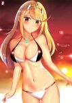  1girl alluring big_breasts bikini blonde_hair breasts brown_eyes chinchongcha cleavage high_res long_hair looking_at_viewer mythra mythra_(xenoblade) navel nintendo smile swimsuit xenoblade_(series) xenoblade_chronicles_2 