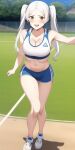  1girl alluring athletic_female badtimer big_breasts brown_eyes female_abs fire_emblem fit_female gym_shorts nintendo robin_(fire_emblem) robin_(fire_emblem)_(female) shoes silver_hair sports_bra track_and_field 