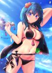  1girl alluring arm_up artist_name big_breasts bikini black_bikini blue_eyes blue_hair blue_sky blush breasts byleth_(female) byleth_(fire_emblem) byleth_(fire_emblem)_(female) chinchongcha cleavage closed_mouth dagger day fire_emblem fire_emblem:_three_houses fire_emblem_heroes flower hair_flower hair_ornament high_res holding knife medium_breasts nintendo official_alternate_costume outside sheath sheathed sky smile standing swimsuit wading water weapon 