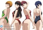  4girls alternate_costume amagi_yukiko ass atlus backless_outfit backless_swimsuit black_hair blue_hair blue_swimsuit brown_hair chie_satonaka excaliblader female_only green_swimsuit kujikawa_rise long_hair one-piece_swimsuit persona persona_4 pink_swimsuit rear_view red_swimsuit satonaka_chie shirogane_naoto short_hair sideboob tomboy twin_tails 