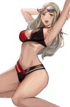 1girl 1girl 1girl alluring ann_takamaki arms_up atlus big_breasts blonde_hair blue_eyes breasts eyewear_on_head happy hartman_hips high_res high_res j@ck legs long_hair persona persona_5 simple_background sitting sunglasses sunglasses_on_head swimsuit thick_thighs