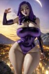 1girl ai_generated dc_comics huge_breasts one-piece_swimsuit purple_swimsuit raven_(dc) stable_diffusion swimsuit tagme teen_titans the_hotshot thick_thighs wide_hips young_adult