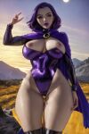 1girl ai_generated cloak dc_comics huge_breasts leotard nipples raven_(dc) stable_diffusion tagme teen_titans the_hotshot thick_thighs wide_hips young_adult