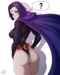  1girl 1girl 1girl ass belt big_ass big_breasts big_breasts breasts cleavage cloak dat_ass dc_comics dc_comics female_only jmg leotard looking_at_viewer looking_back rachel_roth raven_(dc) teen_titans thong_leotard 