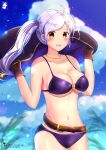  1girl ahoge alluring alternate_costume artist_logo artist_name asymmetrical_bangs belt bikini blush breasts brown_gloves chinchongcha cleavage cloak cloud cloudy_sky cowboy_shot day fire_emblem fire_emblem_awakening fire_emblem_heroes gloves high_res jewelry leather leather_gloves looking_at_viewer medium_breasts medium_hair necklace nintendo o-ring o-ring_bikini open_mouth orange_eyes outside purple_bikini robin_(fire_emblem) signature silver_hair sky smile swimsuit twin_tails under_boob water water_drop wind 