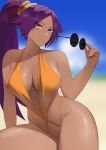  beach big_breasts bikini bleach breasts dark-skinned_female dark_skin female_pervert glasses long_hair mature_female pervert sexually_suggestive shihouin_yoruichi swimsuit yellow_eyes 