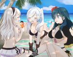 3girls alluring beach belt bikini black_bikini black_hairband blue_eyes blue_sky brown_gloves byleth_(female)_(fire_emblem) byleth_(fire_emblem) byleth_(fire_emblem)_(female) cleavage closed_eyes cloud corrin_(female)_(fire_emblem) corrin_(female)_(summer)_(fire_emblem) corrin_(fire_emblem) corrin_(fire_emblem)_(female) cup day drinking_straw feeding fire_emblem fire_emblem:_three_houses fire_emblem_awakening fire_emblem_fates fire_emblem_heroes flower glass gloves hair_flower hair_ornament hairband high_res holding holding_cup holding_spoon long_hair multiple_girls nintendo o-ring o-ring_bikini official_alternate_costume open_mouth outside palm_tree pointy_ears puni_y_y robin_(fire_emblem) sitting sky spoon swimsuit teal_hair tree twin_tails water white_hair wreath