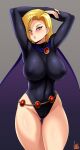  1girl 1girl 1girl android_18 belt big_breasts big_breasts blonde_hair blue_eyes breasts cleavage cloak cosplay crossover crossover_cosplay dc_comics dragon_ball dragon_ball_z female_only huge_breasts jmg leotard nipples raven_(cosplay) raven_(dc) teen_titans toei_animation 