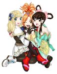 3_girls alluring black_hair blonde_hair female_focus kunoichi long_hair multiple_girls natsu_(soulcalibur) ninja pyrrha_alexandra red_suit ribbon soul_calibur soul_calibur_v soulcalibur yan_leixia