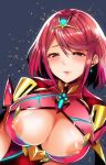  1girl blush breasts commentary_request earrings jewelry large_breasts nipple_slip nipples puffy_nipples pyra_(xenoblade) red_eyes red_hair short_hair smile solo upper_body xenoblade_(series) xenoblade_chronicles_(series) xenoblade_chronicles_2 yuuki_shin 