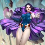 1girl 1girl 1girl 2d armpits bare_legs bare_shoulders bare_thighs belly_button cape dc_comics didi_esmeralda elbow_gloves female_focus female_only gloves groin hips leotard looking_at_viewer medium_breasts mostly_clothed pale-skinned_female pale_skin purple_eyes purple_hair raven_(dc) short_hair solo_female solo_focus standing teen_titans thick_thighs tight_clothing wide_hips