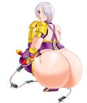 ass green_eyes horny huge_ass isabella_valentine ivy_valentine lipstick looking_back no_panties short_hair smile solo soul_calibur squatting sword weapon white_background white_hair