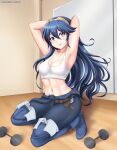  alluring athletic_female blue_hair dumbbell female_abs fire_emblem fire_emblem_awakening fit_female insanely_hot lucina lucina_(fire_emblem) nintendo pants patdarux_dream thigh_high_boots tiara weights 