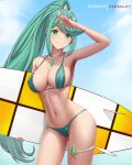  alluring beach bikini dakkalot green_eyes green_hair insanely_hot nintendo pneuma_(xenoblade) surfboard xenoblade_(series) xenoblade_chronicles_2 