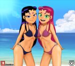 1girl 2_girls alien alien_girl alien_humanoid beach bikini bikini_top black_hair blackfire blue_bikini blue_swimsuit breast_to_breast breasts_to_breasts dc_comics female_only green_eyes grin long_hair looking_at_viewer minus_class navel ocean orange_skin purple_bikini purple_swimsuit red_bikini red_hair sisters sky smile smiling_at_viewer starfire sun sunlight superheroine supervillain swimsuit tamaranean teen_titans