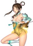 1girl 1girl absurd_res alluring areola blush breasts brown_eyes brown_hair cameltoe cleft_of_venus high_res kansuke looking_at_viewer nipples no_bra one_eye_closed open_mouth simple_background smile soul_calibur soulcalibur standing white_background wink yan_leixia