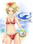 1girl alluring ball beach bikini blonde_hair copyright_name female_focus hair_ornament kunoichi looking_at_viewer natsu_(soulcalibur) parody racket_ti1 red_eyes short_hair smile soul_calibur soulcalibur standing swimsuit volleyball