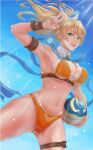 1girl alluring ball beachball big_breasts bikini blonde_hair breasts cassandra_alexandra cleavage female_abs green_eyes hair_ribbon high_res ponytail project_soul ribbon silf soul_calibur soul_calibur_ii soul_calibur_iii soul_calibur_vi swimsuit