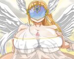 alluring bandeau blonde_hair breasts elysium gaoka huge_breasts jewelry long_hair lots_of_jewelry mask paizuri paizuri_under_clothes penis see-through soul_calibur soul_calibur_v uncensored under_boob visor wings