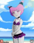  1girl antiheroine beach bikini bikini_top blush cat_eyes dc_comics female_only grey_body grey_skin grin jinx looking_at_viewer metahuman minus_class ocean pink_eyes pink_hair sky small_breasts smile smiling_at_viewer striped_bikini striped_swimsuit sun sunlight swimsuit teen_titans 