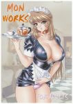 apron areola_slip areolae blonde_hair breasts brown_hair cameltoe cleavage collar dress erect_nipples exhibitionism green_eyes gundam_seed huge_breasts japanese_text long_hair maid maid_headdress maid_uniform mon_mon mon_works mon_works_0_(doujinshi) natarle_badgiruel nipples_visible_through_clothing panties pink_panties short_dress tray underwear uniform