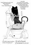  1girl animal_ears ass barefoot black_hair cat cat_ears clothing comic dark-skinned_female dark_skin feet female full_body greyscale hard_translated high_resolution monochrome no_pants original pantsu photoshop_(medium) poorly_translated short_hair solo tail third-party_edit toilet translated underwear yukimi 