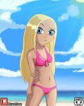  1girl 1girl antiheroine beach bikini bikini_top blonde_hair blue_eyes dc_comics female_only long_hair looking_at_viewer metahuman minus_class navel ocean pink_bikini pink_swimsuit sky small_breasts sun sunlight swimsuit teen_titans terra 