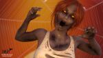  16:9 16:9_aspect_ratio 1girl 3d 3d_(artwork) creepy dirty_clothes female_focus glowing_eyes grabbing_viewer halloween halloween_2023 horror looking_at_viewer medium_hair messy messy_hair monster_girl nsfw_version_available open_eyes open_mouth orange_background patreon patreon_username red_hair redhead roosterart scars screaming shirt shoulders solo_focus spider_web spooky standing subscribestar subscribestar_username teeth torn_clothes torn_clothing torn_shirt white_shirt wide_open_mouth zombie zombie_girl 