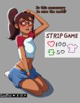  1girl brown_eyes brown_hair channel coonfist dark-skinned_female dark_skin disney female_only glasses hailey&#039;s_on_it! hailey_banks petite ponytail shirt straight_hair strip_game 