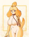 1girl 1girl animal_crossing anthro bell big_breasts big_nipples blonde_hair breasts canid canine canis collar domestic_dog furry genitals hair head_tuft high_res humanoid_genitalia humanoid_pussy isabelle_(animal_crossing) leash long_ears looking_at_viewer mammal nintendo nipples nude pussy signature simple_background tuft umine video_games