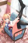 1girl 1girl akai_haato blonde_hair blue_eyes blush heart high_resolution hololive legs legs_up long_hair looking_at_viewer lying panties ribbon smile socks stockings v virtual_youtuber