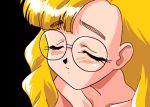 1girl 90s animated animated_gif blonde_hair blue_eyes blush closed_eyes cum ejaculation facial gif glasses hair karin_(viper) lowres official_art oldschool solo topless viper viper_v16