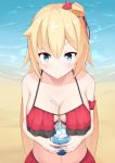 1girl akai_haato beach between_breasts big_breasts bikini blonde_hair blue_eyes blush breasts glass heart high_resolution hololive long_hair ribbon straw virtual_youtuber