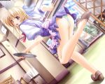  aerisdies blond_hair blonde_hair hair_ribbon head_turn long_hair panties red_eyes restaurant thigh-highs thighhighs upskirt waitress 