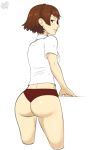 1_girl 1girl ass big_ass blush brown_hair bubble_butt buttholemagick clothed female female_only looking_at_viewer looking_back makoto_niijima panties persona persona_5 red_eyes shirt short_hair solo standing white_background