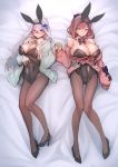  2_girls animal_ears bangs big_breasts blush breasts brown_hair brown_legwear bunny_ears bunny_girl cardigan cleavage high_resolution kagami_uekusa leotard lize_helesta long_hair looking_at_viewer multiple_girls nijisanji pink_cardigan short_hair smile strapless strapless_leotard suzuhara_lulu virtual_youtuber 