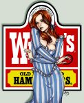 1girl arms_under_breasts breasts cleavage clothed clothing dress female_only mascot mascots miravi non-nude redhead solo_female striped stripes tagme text wendy's wendy_(wendy's)