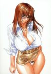 1girl big_breasts blue_eyes blush breasts brown_hair cleavage copyright_request curvy dress_shirt erect_nipples glasses hair highleg highleg_panties highres hips huge_breasts inoue_takuya panties plump pubic_hair shirt skirt skirt_lift sleeves_folded_up solo sweat thick_thighs thighs underwear white_panties wide_hips