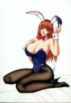 1girl animal_ears areola areola_slip areolae big_breasts bow bow_tie bowtie breasts bunny_ears bunny_tail bunnysuit character_request cleavage collar copyright_request corset cuffs curvy detached_collar high_heels highres huge_breasts inoue_takuya legs long_hair long_legs nipples one-piece one-piece_swimsuit orange_hair pantyhose red_eyes shoes simple_background solo swimsuit tail thick_thighs thighs wrist_cuffs