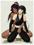 2girls azasuke azasuke_wind bare_shoulders black_eyes black_hair bleach border braid breast_grab breasts crotch_grab dark_skin detached_sleeves eye_contact gloves grabbing groping hair hand_under_clothes hand_under_shirt japanese_clothes kneel kneeling long_hair looking_at_another multiple_girls nude ponytail purple_hair shadow shihouin_yoruichi shirt short_hair smile soifon squat squatting sui-feng text toes twin_braids twin_tails twintails white_border yellow_eyes yoruichi yoruichi_shihouin yuri