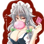 1girl areola_slip areolae bangs blush body_blush bow braid breast_squeeze breasts bust cleavage clothes_down collarbone condom condom_in_mouth eyebrows female hair_bow headband huge_breasts inflated_condom izayoi_sakuya large_breasts looking_at_viewer maid maid_headdress mouth_hold naughty_face nipple_slip nipples off_shoulder open_clothes open_shirt red_background red_eyes sakuya_izayoi shiny shiny_clothes shiny_hair shiny_skin shirt silver_hair solo tajima_yuuki the_embodiment_of_scarlet_devil touhou twin_braids upper_body