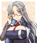  1girl adjusting_glasses azur_lane big_breasts blue_coat blue_dress blush braid breasts cleavage cloak collared_dress dress french_braid glasses grey_hair hair_ornament large_breasts long_sleeves looking_at_viewer necktie red_eyes red_necktie semi-rimless_glasses sidelocks smile snowflake_hair_ornament 