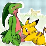 ash_ketchum ashchu cum cum_drip erection fellatio grovyle oral penis pikachu pokemon satoshi spread_legs