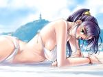 1girl beach bikini blue_hair blush breasts erect_nipples green_eyes hentai noel_la_neige ocean ponytail purple_hair same sea solo swimsuit tachibana_yumi tower