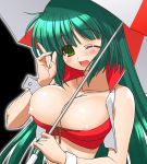 anime bra_pull cuffs gambler_club green_eyes green_hair hentai hidamari_sketch long_hair nipple_slip nipples umbrella wink wrist_cuffs yoshinoya