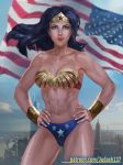 1girl amazon armor bare_arms bare_legs bare_shoulders big_breasts bikini black_hair blue_eyes breasts cleavage curvy dc_comics earrings female_focus high_res jewelry judash137 lipstick long_hair looking_at_viewer makeup muscle shiny shiny_skin smile superhero thick_thighs thighs tiara toned wonder_woman