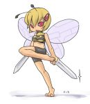 1_female 1girl beedrill blonde_hair creatures_(company) female female_only game_freak gen_1_pokemon hair hybrid masha moemon nintendo pokemon pokemon_(anime) pokemon_(game) solo solo_female standing sword weapon white_background