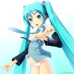 1girl aqua_eyes aqua_hair bottomless breasts cameltoe detached_sleeves hatsune_miku headphones lowleg lowleg_panties microphone miku_hatsune munashi_mujou necktie nipples no_pants panties solo treetop_helper twin_tails underwear vocaloid wardrobe_malfunction