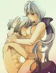  1boy 1girl abs between_breasts breasts chinki couple dell_honne girl_on_top hair_ribbon haku_yowane hetero honne_dell hug hugging incest long_hair love muscle nude ponytail red_eyes ribbon sex short_hair silver_hair straddling topless upright_straddle vaginal very_long_hair vocaloid voyakiloid white_hair yowane_haku 