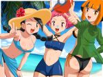 3girls ass ball bandaid bandaid_on_nose beach beachball bikini black_hair breasts brown_eyes brown_hair candice cleavage female flower gardenia gym_leader hat hat_flower looking_back maylene midriff multi-tied_hair multiple_girls natane_(pokemon) navel nintendo ocean orange_eyes orange_hair panties pink_eyes pink_hair poke_ball pokemoa pokemon pokemon_(game) pokemon_dppt see-through side-tie_bikini side-tie_panties soara sumomo_(pokemon) suzuna_(pokemon) swimsuit tankini tree underwear v yellow_eyes